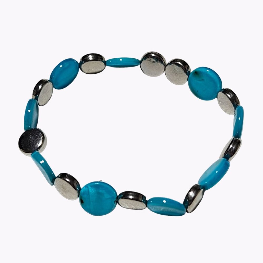 Retro Blue Silver Disc Beads Stretch Bracelet Statement 80s 90s Fashion Jewelry